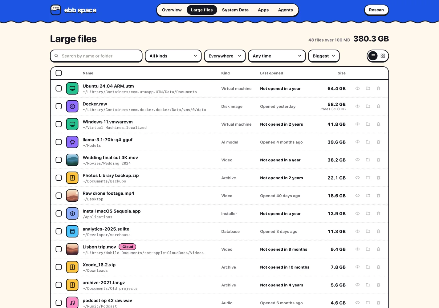 Ebb Space's large files list: 48 files over 100 MB with kind, last opened date, size and buttons to preview, show in Finder or move to the Trash.