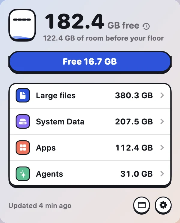 The Ebb Space menu: 182.4 GB free, a Free 16.7 GB button, and rows for large files, System Data, apps and agents.